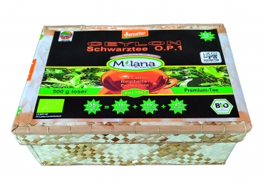 Best-Before-Date (BBD) REMAINING STOCKS: 500 g MILANA Ceylon Demeter ORGANIC Loose BLACK TEA OP1 Orange Pekoe 1 packed into handwoven baskets - with 55 percent benefits support - The Tea, ... that tastes like Love. Fairly and sustainably manufactured.